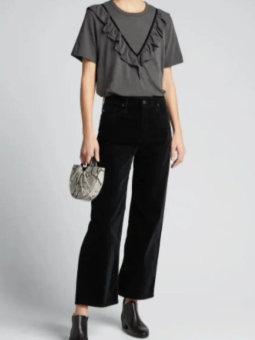 THE GREAT. Grey Ribbon Tuxedo Ruffle T-Shirt Size 2